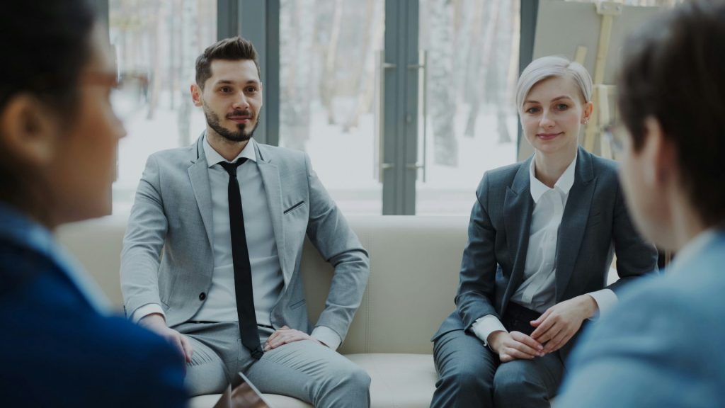Business professionals in a meeting discussion